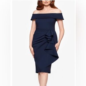 Xscape Off-Shoulder Navy Asymmetrical Dress
